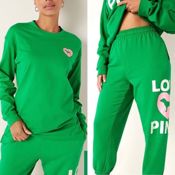 VS PINK ORIGINALS M Happy Camper Green Campus Pants & Matching Campus Tee SET - Picture 5 of 7